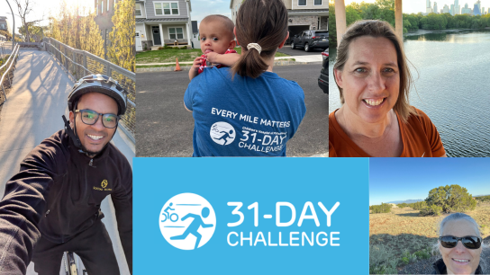 Collage of images of people biking and walking. The bottom center has the logo for the CHOP 31-Day Challenge in blue with a graphic of a person running and biking. 