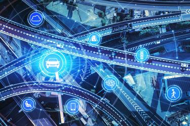 Illustration of traffic safety data with intersecting roads and traffic-related symbols in dark blue