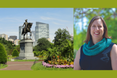 Boston Commons statue on the left; woman with brown hair smiling on the right