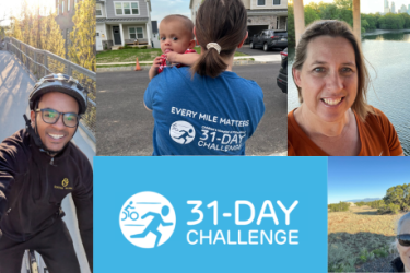 Collage of images of people biking and walking. The bottom center has the logo for the CHOP 31-Day Challenge in blue with a graphic of a person running and biking. 